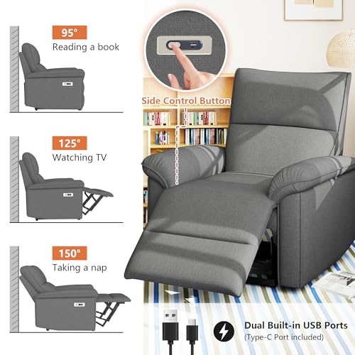 QicoFelix Wall Hugger Recliners for Small Spaces, Zero Wall Power Recliner on Clearance, Fabric RV Recliner, Home Theater Seating for Living Room w/USB Ports (Dark Gray)