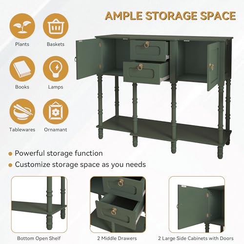 Topbele Green Entryway Table with Storge, Mid-Century Modern Console Table with 2 Drawers, Retro Narrow Long Behind Couch Sofa Table for Living Room, Foyer, Hallway Topbele