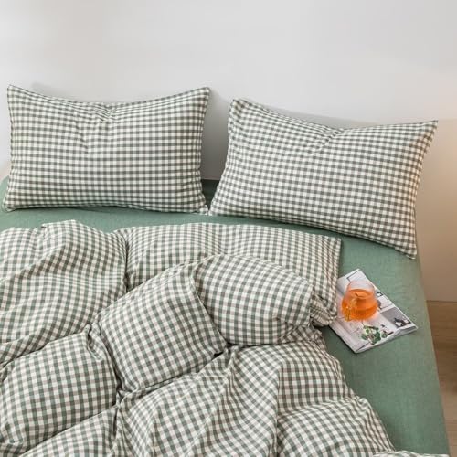 mixinni Green Gingham Comforter Set Queen, Plaid Comforter Set 3 Pieces 1 Green Grid Comfoter with 2 Pillow Cases for All Seasons, Soft Fluffy Modern Grid Pattern Printed Bedding-Queen Size mixinni