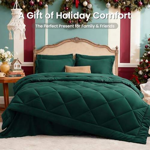 Love's cabin Full Comforter Set Dark Green, 7 Pieces Full Bed in a Bag, All Season Bedding Sets with 1 Comforter, 1 Flat Sheet, 1 Fitted Sheet, 2 Pillowcase and 2 Pillow Sham Love's cabin