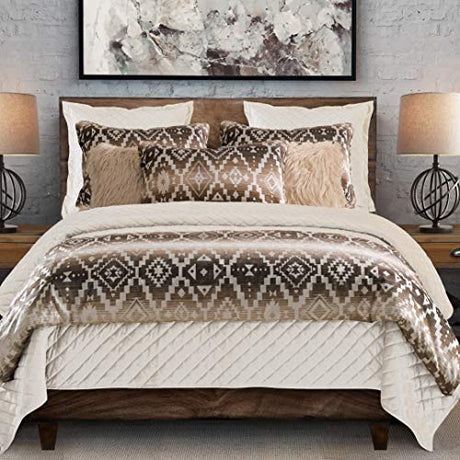Paseo Road Chalet Aztec Western Bedding, 3 Piece King Comforter Set, Cream Brown Geometric Pattern, Chenille Jacquard Southwestern Indian Modern Rustic Comforter with Pillow Shams Paseo Road