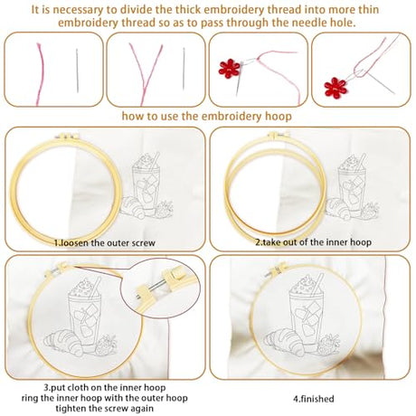 BEUNITONE 4 Set Strawberry Embroidery Kit for Beginners, Food/Drink Needlepoint Kits for Adults with Hoops, Instructions and Full Kit, Personalized Hand Embroidery Patterns for Cloth and Home Decor BEUNITONE