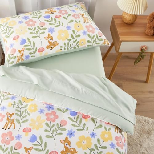 Wake In Cloud - Floral Toddler Bedding Set for Girls, Cute Colorful Botanical Flowers with Deers, 4 Pieces Soft Crib Bed Set Including Comforter, Sheets and Pillowcase, Green Cream Wake In Cloud