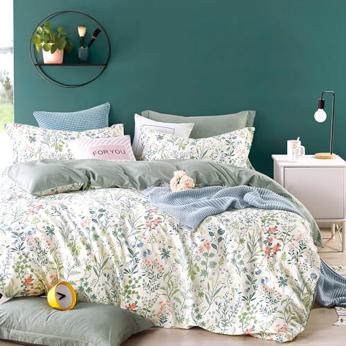 LEMIROE 100% Cotton Floral Duvet Cover Twin Size 2PC - Botanical Wildflower Pattern with Soft Pestel Accents on White, Dusty Green Reverse, Neutral Bedding Set with Button Closure(68"×90") LEMIROE