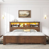 EnHomee King Size Bed Frame with 4 Storage Drawers, King Bed Frame and Headboard with LED Lights & Charging Ports,No Box Spring Needed,NO Noise,Wooden,Brown EnHomee