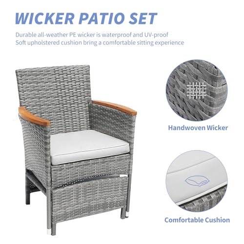 5 Piece Outdoor Patio Furniture Set with Table&Ottoman Outdoor Furniture Patio Set Bistro Wicker Patio Set of 2 Outside Lawn Chairs Conversation Sets for Porch Balcony Deck(Gray Wicker&Gray C - WoodArtSupply