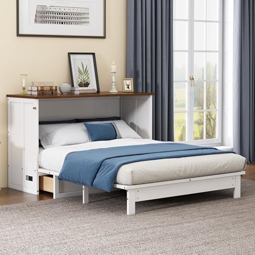 Ball & Cast Murphy Bed Full Size,Solid Pine Cabinet Bed with USB Port and Large Storage Drawer,Space-Saving Folding Wall Bed Frame,Hidden Platform Bed for Bedroom,Guest Room,Home,Office,White+Walnu Ball & Cast