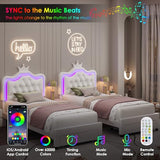 Keyluv Twin Upholstered LED Storage Bed Frame with Adjustable Crystal Crown Headboard in White Keyluv