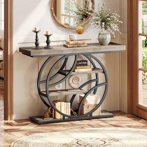 Huuger 41.3 Inch Entryway Table, Modern Console Sofa Table, Accent Table with Shelves, for Entry, Hallway, Entrance, Foyer, O-Shaped Metal Frame, Grey Huuger