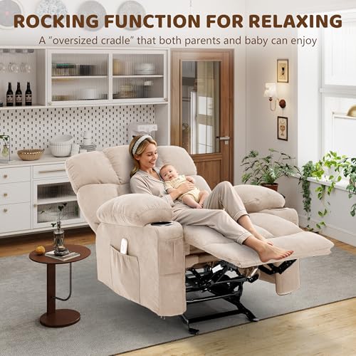 Massage Rocking Recliner Chair, Ergonomic Recliners Sofa with Vibration Massage & Heat, Rocking Chair Nursery Chair for Living Room Lounge with 4 Pockets, 2 Cup Holdersrt, Beige