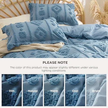 Bedsure Boho Duvet Cover King - Dusty Blue Tufted Boho Bedding, Farmhouse Shabby Chic Embroidery Bedding for All Seasons, 3 Pieces, 1 Soft Jacquard King Comforter Cover and 2 Pillow Shams Bedsure