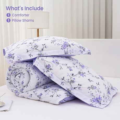 Mooreeke Floral Twin Size Comforter Sets, Lightweight Purple Lavender Botanical Printed Bedding for All Seasons, 2-Piece Vintage Bed in a Bag with Fluffy Quilted Reversible Comforter & Pillow Sham Mooreeke