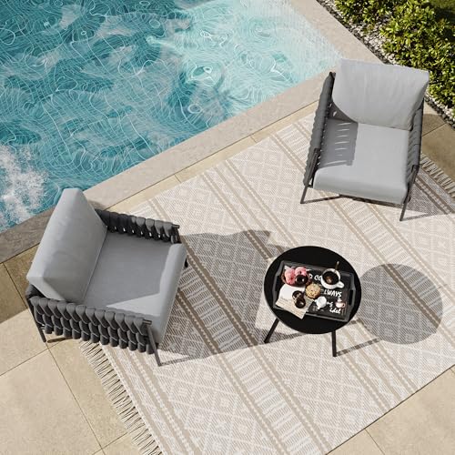 EAST OAK 3-Piece Patio Furniture Set | Armchairs & Coffee Table | Outdoor Furniture with Cushions | Deep Seating Modern Conversation Set | Garden, Porch, Balcony & Backyard | Misty Grey EAST OAK