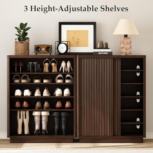 WINWY Fluted Shoe Cabinet with Sliding Door, 6-Tier Large Hidden Storage Organizer Modern Shoe Rack with Adjustable Shelves, Mid Century Freestanding Wooden Shoe Storage Cabinet for Entryway,Walnut WINWY