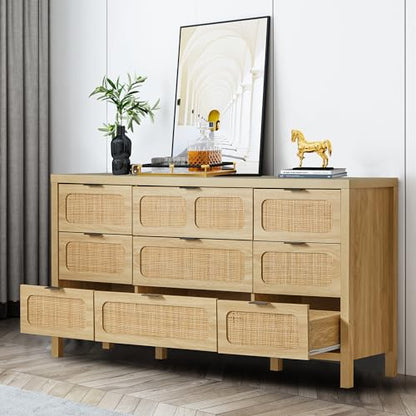 LEVNARY 9 Drawer Dresser for Bedroom, Rattan Dressers & Chest of Drawers, Large 58" Long Dressers Wooden Storage Organizer Dresser for Closet, Entryway, Living Room (Natural) - WoodArtSupply