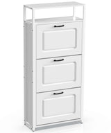 HAIOOU Shoe Cabinet with 3 Flip Drawers, Slim Wooden Shoe Rack Freestanding Storage Organizer Stand with 3 Flip Doors, Robust Metal Frame, Open Storage Shelf for 15-18 Pairs - White HAIOOU