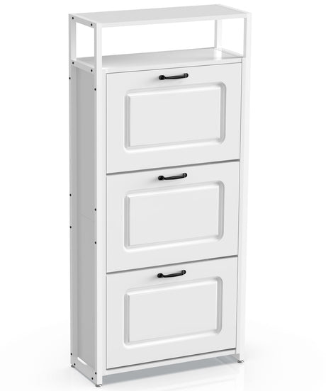 HAIOOU Shoe Cabinet with 3 Flip Drawers, Slim Wooden Shoe Rack Freestanding Storage Organizer Stand with 3 Flip Doors, Robust Metal Frame, Open Storage Shelf for 15-18 Pairs - White HAIOOU