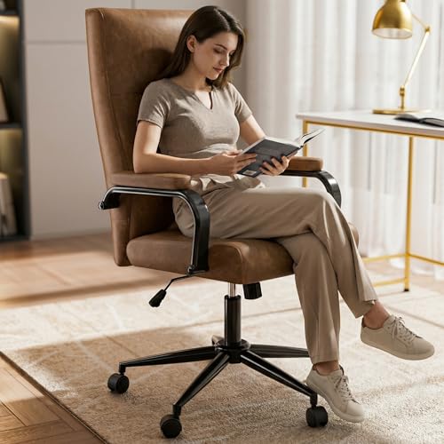 GXJ Brown Leather Office Chair with Wheels, Memory Foam Height Adjustable Computer Deak Chair, Rolling Swivel Executive Chair for Home Office GXJ