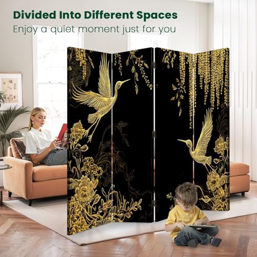 4 Panels Folding Screen Room Divider Cran Bird Wisteria Seamless Japanese Chinese Gold Black Traditional Canvas Screen Room Separator Freestanding Protective Decorative Divider Privacy Partition VETEB