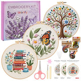 3 Sets Embroidery Kit for Beginners with Stitch Video, Flower Butterfly Tree Books Cross Stitch Kits for Adults, Needle Point Kits with Stamped Pattern, Hoop, Needles, Tools, DIY Arts and Crafts
