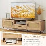 Tangkula Boho TV Stand for 65 Inch TVs, Mid Century Modern Media Entertainment Center with Drawer, 2 Cabinets with Rattan Doors, Metal Legs, Cable Hole, TV Console Table for Living Room (Oak) Tangkula