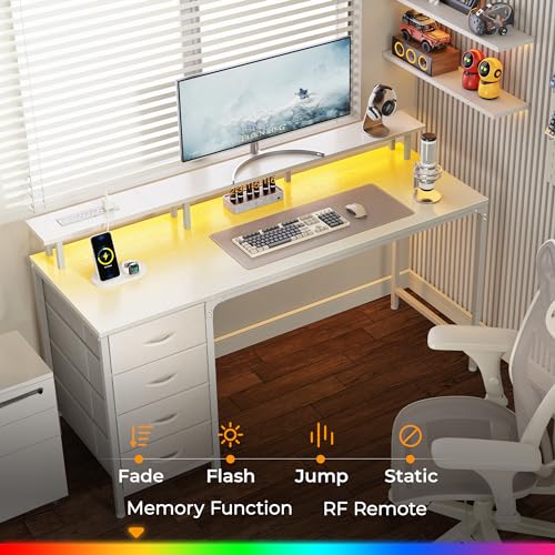 Huuger 55 Inch Computer Desk with Power Outlets and LED Lights, Gaming Desk with 4 Drawers, Office Desk with Monitor Stand, Study Desk Work Desk for Home Office, White Huuger