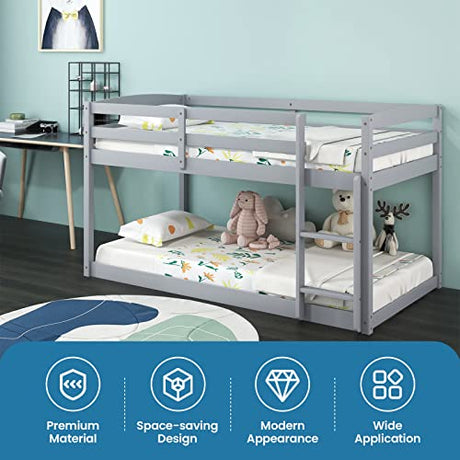 KOMFOTT Low Bunk Bed Twin Over Twin, Solid Wood Bunk Bed Frame with Built-in Ladder & Safety Guardrails, Space-Saving Low Bunk Bed for Kids, Teens, No Box Spring Needed KOMFOTT
