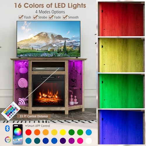 GOFLAME Corner Fireplace TV Stand with LED Lights for TVs up to 50”, Modern Entertainment Center with Electric Fireplace, Remote & Smart APP Control, TV Console with Adjustable Glass Shelves, Gray GOFLAME