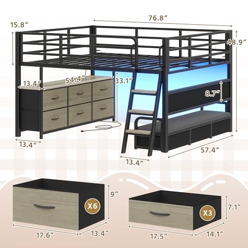 busyaeh Low Loft Bed Full Size,Full Loft Bed for Kids with 9 Storage Drawers & 15.8" H Safety Guardrail & Inclined Ladder & Safety Handrail & LED Lights and Charging Station，Toddler Loft Beds,Oak Gray busyaeh