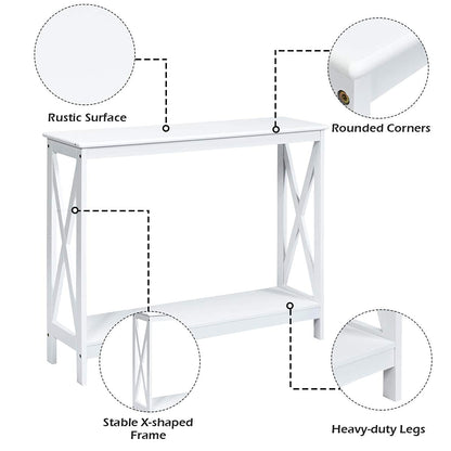 Giantex Console Table 2-Tier with Storage Shelf,X-Design Bookshelf Narrow Accent Table for Entryway Hallway Living Room Sofa Side Table (White)