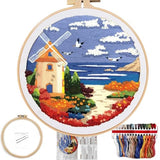 FONNUY Embroidery Kit for Beginners, Boho Nature Landscape Pre-Stamped Pattern Kits for Adults with Hoop, Easy to Follow Color Thread Needlework, 8'' Hoop (Beach House)