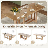 Merax 82'' 7-Piece Rustic Extendable Dining Table Set, Trestle Kitchen Table with 6 Upholstered Chairs and Two 12'' Removable Leaves, Solid Rubber Wood Farmhouse Dining Set, Natural+Beige Merax