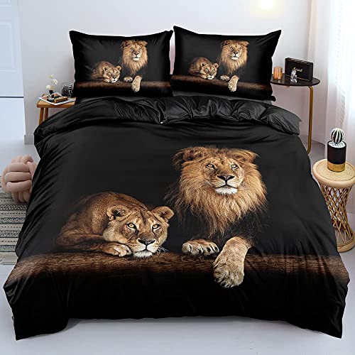 Holiyjog Lion Duvet/Quilt Cover Sets Black Linens Bed Pillow Shams King Queen Twin Full Size Boys Kids Animal Bed Set Home Textile (Queen, 004) Holiyjog