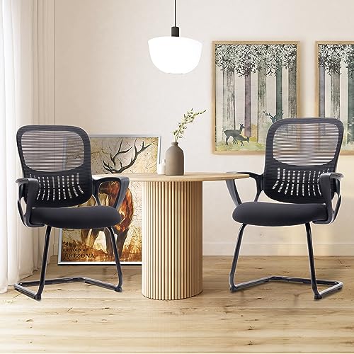 Sweetcrispy Reception Chair No Wheels, Stationary Non Rolling Mesh Mid Back Computer Guest Side with Lumbar Support for Waiting Area Reception Conference Room, Set of 4, Modern Black Sweetcrispy