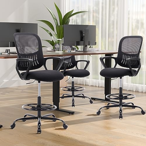 DUMOS Drafting Chair - Counter Height Adjustable Tall Office Desk Chair with Fixed Armrests and Comfortable Lumbar Support for Standing Desk, Deep Black DUMOS