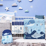 Rtteri 4 Pieces Baby Crib Bedding Set, Nursery Bedding Standard Size Soft Baby Bedding Set Including Crib Skirt, Blanket, Sheet and Diaper Stacker for Girls and Boys(Whale) Rtteri