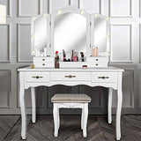 ENSTVER Vanity Beauty Station,Tri-Folding Mirrors,6 Organization 7 Drawers Makeup Dress Table with Cushioned Stool-White ENSTVER