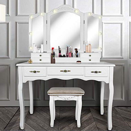 ENSTVER Vanity Beauty Station,Tri-Folding Mirrors,6 Organization 7 Drawers Makeup Dress Table with Cushioned Stool-White ENSTVER