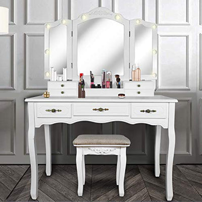 ENSTVER Vanity Beauty Station,Tri-Folding Mirrors,6 Organization 7 Drawers Makeup Dress Table with Cushioned Stool-White