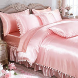 Bedorm Pink Satin Comforter Set 10 Pcs White Pom Pom Bedding Set Queen Size Super Soft Smooth Silk Like Silky Comforter Queen Bed in A Bag with Comforter & Sheet Set & Pillowcase & Bed Skirt Bedorm