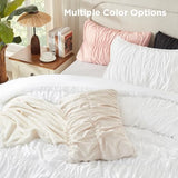 Andency Ruched Beige Full Size Comforter Sets, Shabby Chic Pleatd Bedding Sets 3 Pieces, Lightweight Soft Boho Ruffle Bed Set for Girls, Kids, Women, All Season Andency