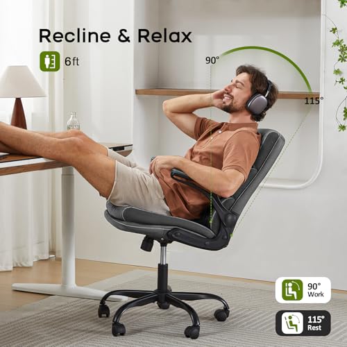 Office Chair Adjustable Desk Chair Mid Back Executive Comfortable Bonded Leather Ergonomic Back Support Home Computer Chair with Padded Flip-up Armrest Swivel Wheels (White) amseatec