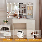 Teousev Vanity Desk with Lighting and Mirror,Small Vanity with 4 Drawers 6 Storage Shelves 3 Lighting Colors for Gilrs Vanity,White,31.5" L*14.2" W*51.2" H Teousev