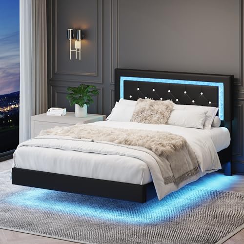 AILUNWALL Floating Bed Frame Full with LED Light, Upholstered Queen Bed Frame with Headboard, Solid Wood Slats Support, Noise-Free, Easy Assembly, No Box Spring Needed (Black, Full) AILUNWALL