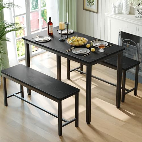 Tatub Dining Table Set for 4, 3-Piece Kitchen Table with 2 Benches, Space-Saving Dining Room Set for Breakfast Nook and Small Spaces, Black Tatub