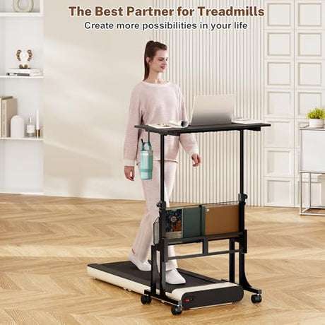 Height Adjustable Standing Desk With Storage, Small Stand Up Desk With wheels, Portable Rolling Desk for Home Office, Mobile Sit Stand Desk for Small Spaces, For Walking Pad Treadmill, Black Huxitocan