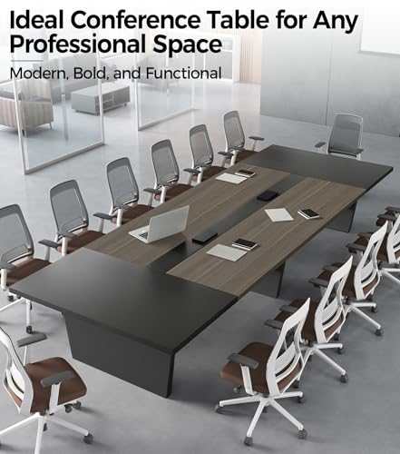Anzhap 10FT Conference Table, Large Rectangular Seminar Meeting Table, Modern Conference Room Table with Cable Management & 2" Thickened DeskTop for Office Meeting (Oak + Gray, 118"L * 51"W * 30"H) Anzhap