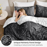 Love's cabin King Size Comforter Set Black - King Comforter Set, 3 Pieces Cute Floral Bedding Sets for All Seasons,1 Soft Reversible Botanical Flowers Comforter and 2 Pillow Shams Love's cabin