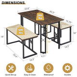 VECELO 43.3" Kitchen & Dining Table Set for 4, Rustic Farmhouse Style with 3 Benches and Wicker Cushions, Compact Metal Frame with Adjustable Foot Pads, Brown VECELO