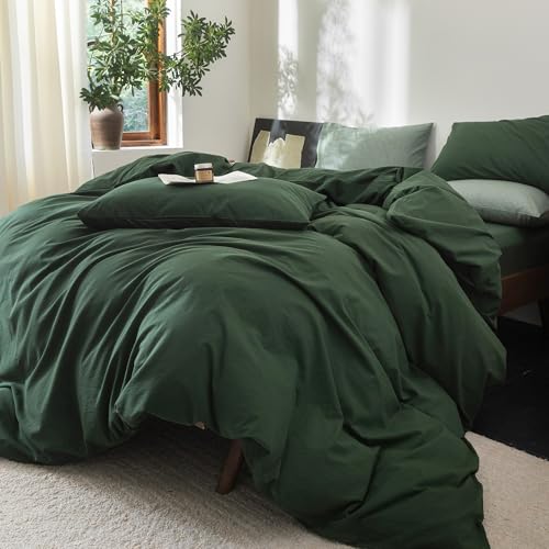 FOSSA Duvet Cove Set 100% Washed Cotton Linen Feel Super Soft Breathable Cozy 3 Pieces Bedding Sets Solid Forest Green Twin FOSSA